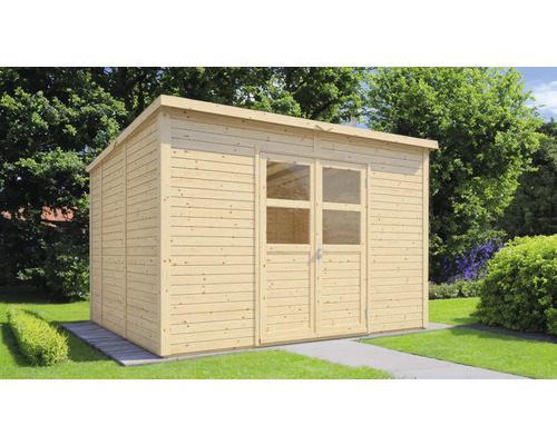 Gartenhaus Konsta Baltrum 2 mit Fußboden 337 x 306 cm natur Holzgartenhaus mit Doppeltür und Fenstern im Garten