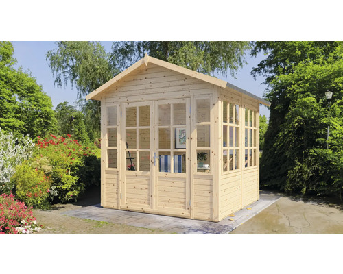 Abri de jardin en bois avec fenêtres et double porte dans le jardin