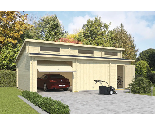 Garage double Hawaii porte basculante avec espace outils 780x520 cm naturel Garage double en bois avec voiture, tondeuse à gazon et vélo