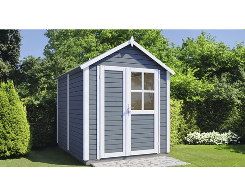 Graues Gartenhaus aus Holz mit Doppeltür und Fenster im Garten
