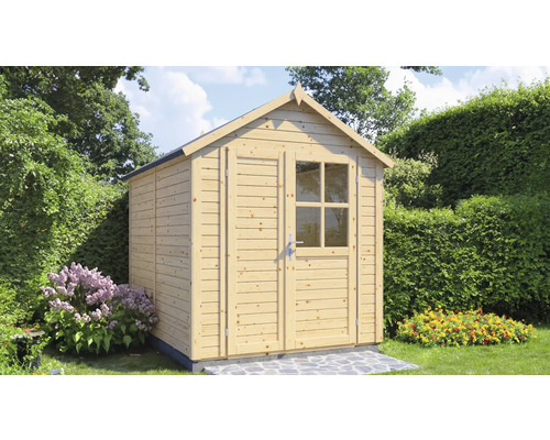 Gartenhaus aus Holz mit Doppeltür und Fenster im Garten