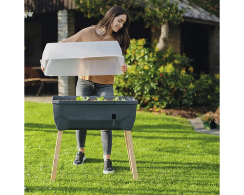 Une femme place une couverture transparente sur un potager surélevé dans le jardin.