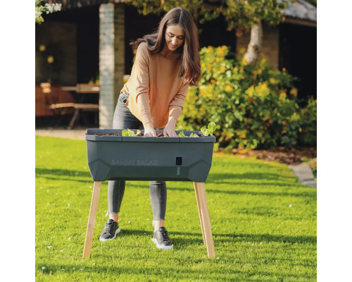 Femme travaillant sur un potager surélevé nommé Sammy Salad dans le jardin.