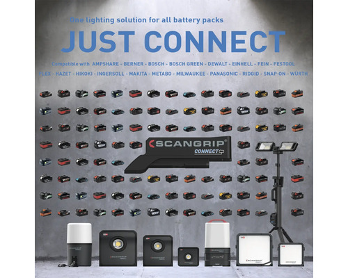 Système d''éclairage ScanGrip Connect avec compatibilité batterie pour différentes marques