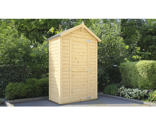 Holzgartenschrank mit Satteldach vor Pflanzen