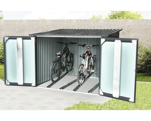 Fahrradbox mit zwei Fahrrädern in geöffnetem Zustand zur Aufbewahrung im Garten