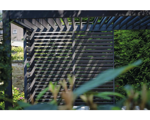 Detailansicht einer modernen Pergola mit Lamellenstruktur im Garten.