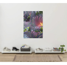 Dekorative Leinwand mit Pflanzenmuster, Schuhregale und eine Auswahl an Schuhen in einem Raum