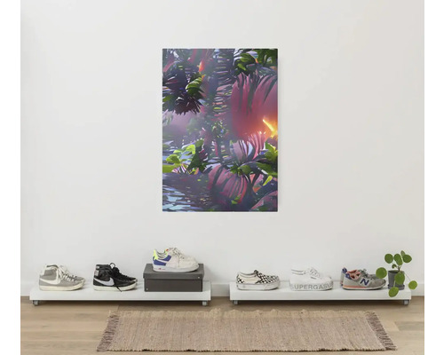 Toile décorative avec motif de plantes, étagères à chaussures et une sélection de chaussures dans une pièce