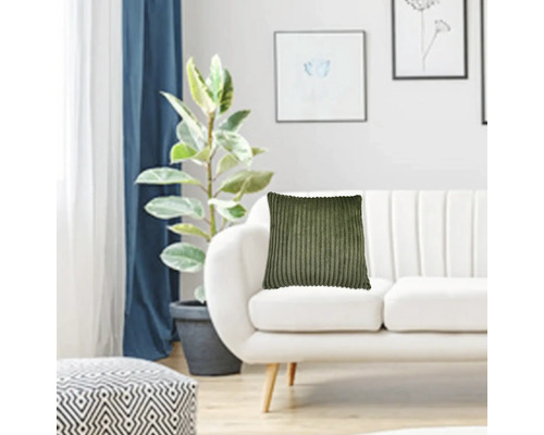 Dekoratives Wohnzimmer mit Sofa, Zimmerpflanze und Cordkissen.