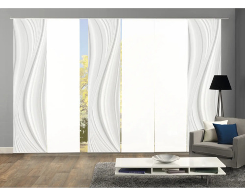 Vue d''une pièce avec des rideaux coulissants à motif ondulé