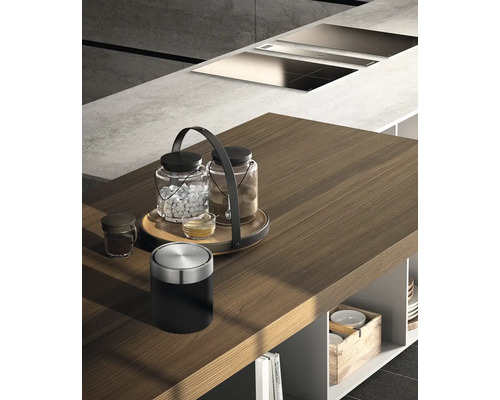 Detailaufnahme einer modernen Kücheninsel mit Spüle, Kochfeld und verschiedenen Vorratsbehältern.