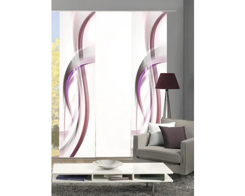 Salon avec rideaux coulissants à motif abstrait