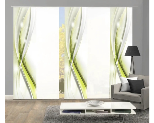 Panneau coulissant avec motif ondulé vert et blanc dans un salon