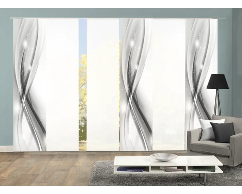 Vue d''une pièce avec des rideaux coulissants à motif ondulé