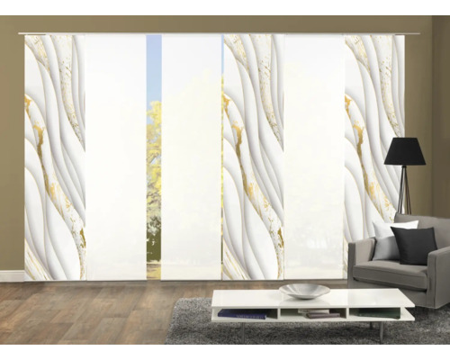 Salon avec rideaux coulissants à motif abstrait