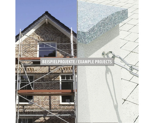 Exemples de projets: Une maison avec un échafaudage et une vue détaillée du matériau isolant.