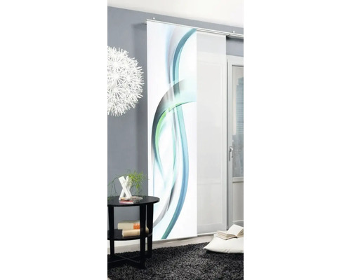 Salon avec rideau coulissant à motif abstrait