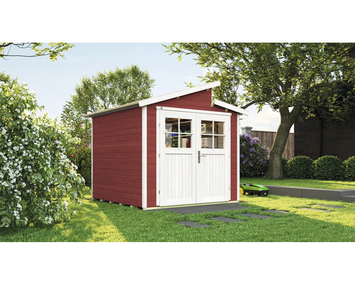 Gartenhaus weka 226 Gr. 2 inkl. Fußboden 267 x 261 cm rot Garten Szene mit Gerätehaus mit Doppeltür und Pultdach