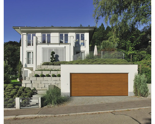 Portail de garage portail roulant ARON 2500x2250 mm golden oak avec motorisation gauche