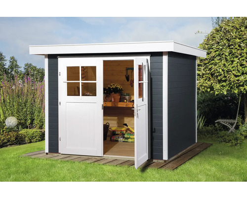 Gartenhaus weka 227 Gr. 2 inkl. Fußboden 259 x 284 cm anthrazit Gartenhaus mit geöffneten Doppeltüren, Holzwänden und Regalen im Innenraum
