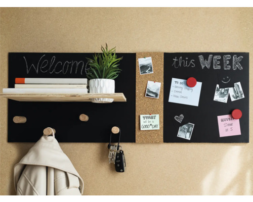Organisateur mural avec tableau noir, liège et étagère de rangement pour les notes, les clés et la décoration
