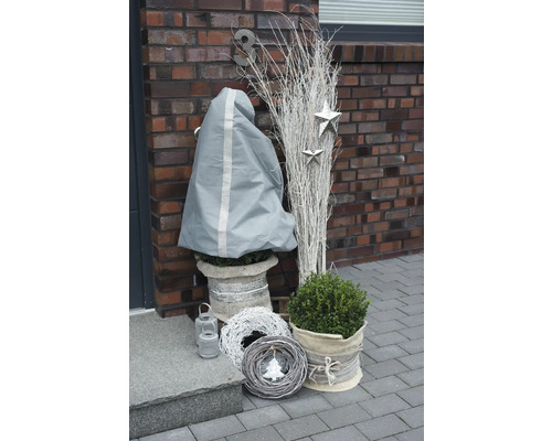 Plantes décorées devant une porte d''entrée avec housse de protection pour plantes, branches décoratives et couronnes.