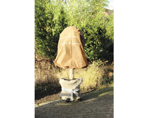 Arbre en pot avec housse de protection hivernale et sac de jute dans le jardin.