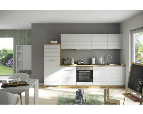Held Möbel Küchenzeile mit Geräten Florenz 300 cm Frontfarbe weiß matt  Korpusfarbe eiche hell zerlegt - HORNBACH Luxemburg