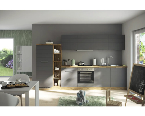 Bloc cuisine complète équipée Held Möbel Florenz 330 cm façade gris mate, corps chêne clair variante réversible démonté