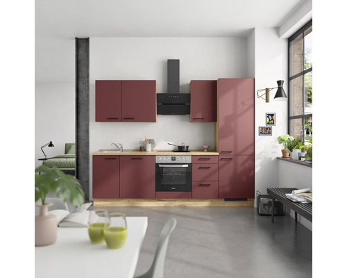 Cuisine moderne avec meubles bas, meubles hauts, hotte aspirante et cuisinière électrique dans une pièce lumineuse