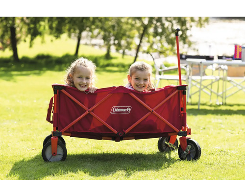 Coleman Bollerwagen mit zwei Kindern auf einer Wiese