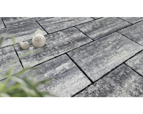 Rechteckige Pflastersteine aus Stein mit Vogeldekoration.