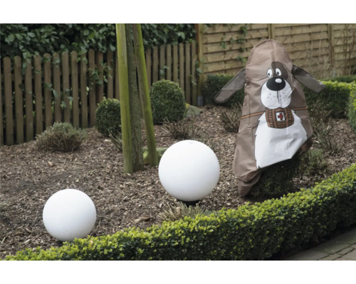 Jardin avec plantes, lampes sphériques et housse de protection hivernale motif chien