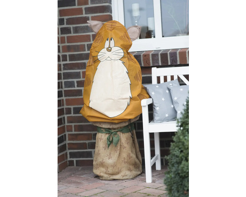 Pflanzenschutzsack im Katzendesign neben einer Bank