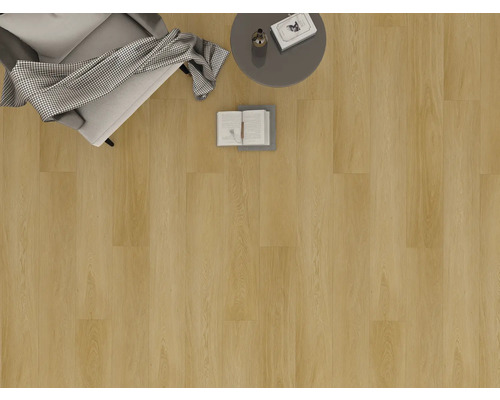 Ansicht eines Raumes mit Laminatboden, Sessel und Tisch