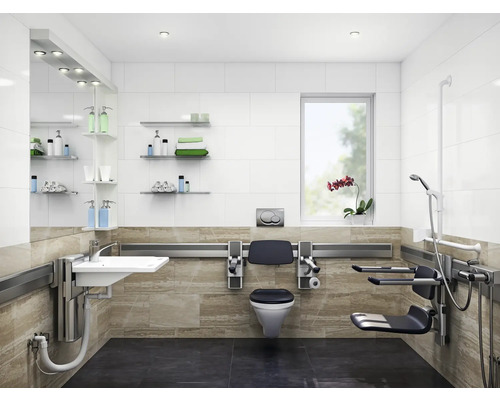 Barrierefreies Badezimmer mit Toilette, Waschbecken und Dusche mit Haltegriffen