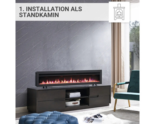 Installation eines Elektrokamins als Standkamin im Wohnzimmer.