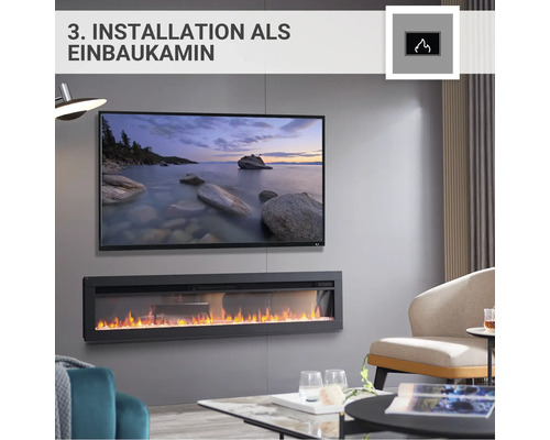 Installation eines elektrischen Einbaukamins im Wohnzimmer unter einem Fernseher.