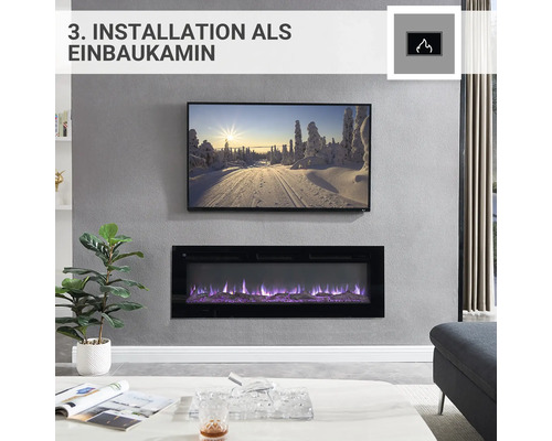 Einbaubilderrahmen mit eingebautem Elektrokamin unter Fernseher an der Wand.