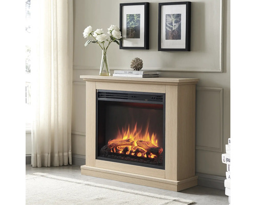 Elektrischer Kamin mit Holzstruktur und simuliertem Feuer