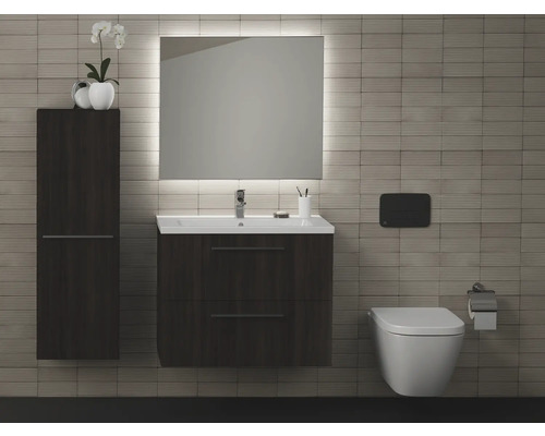 Modernes Badezimmer mit Waschtisch, Spiegelschrank, Hängeschrank und Wand-WC