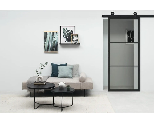 Salon avec porte coulissante, canapé, tables basses et décorations murales.