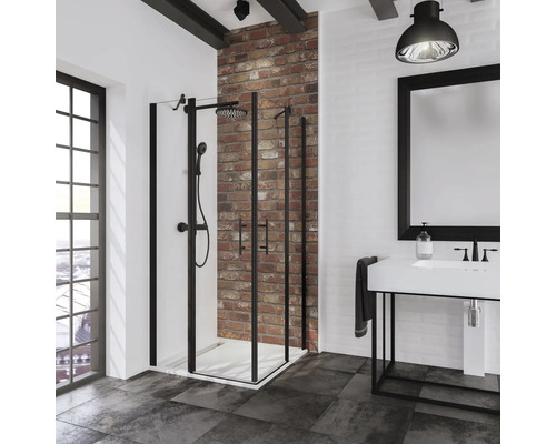 Accès d'angle avec porte pivotante SCHULTE Alexa Style 2.0 ExpressPlus 100 x 100 cm couleur du profilé noir décor de vitre verre transparent avec verre antitache butée de porte à gauche butée de porte à droite poignée barre Salle de bains avec cabine de douche, lavabo et miroir de style industriel