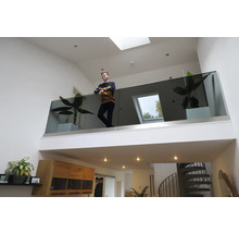 Helles Wohnzimmer mit Galerie, Glasgeländer und Zimmerpflanzen