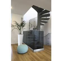 Photo d''intérieur d''un espace de vie avec escalier en colimaçon, plante et pouf.