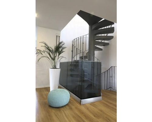 Innenaufnahme eines Wohnraumes mit Wendeltreppe, Pflanze und Sitzhocker.