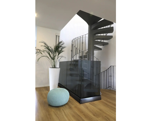 Innenaufnahme mit Wendeltreppe, Pflanze im Topf und Sitzhocker