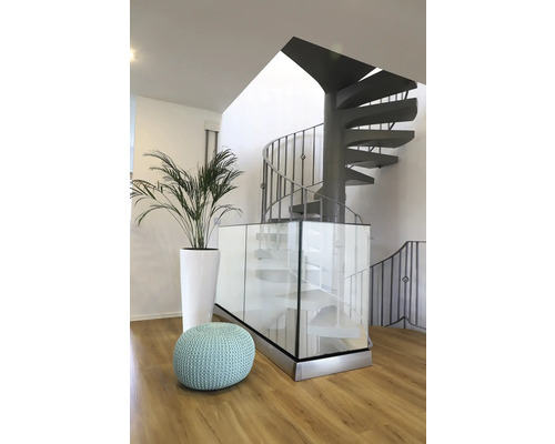 Raumansicht mit Wendeltreppe, Pflanze in weißem Topf und Sitzhocker