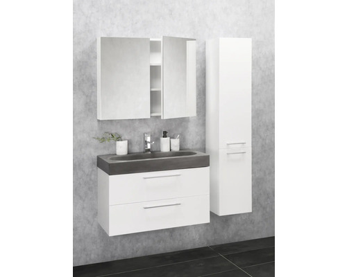 Salle de bains avec meuble sous-lavabo, vasque, armoire de toilette et armoire haute